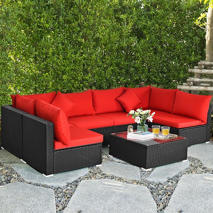 COSTWAY 7 Pieces Patio Furniture Set, Outdoor Rattan Conversation Set with 6 Seats, Coffee Tea Table, Soft Cushions, Wicker Patio Sectional Sofa for Garden Balcony Porch Poolside, Red