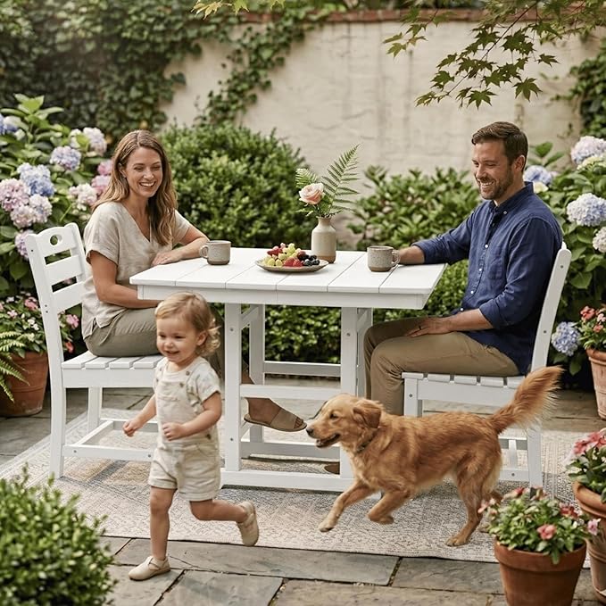 WILLIAMSPACE 37.8" Outdoor Patio Dining Set with 2 Armless Chairs, All Weather HDPE Square Dining Table with Umbrella Hole, Patio 3-Piece Bistro Set for Backyard, Balcony, Lawn, Kitchen (White)