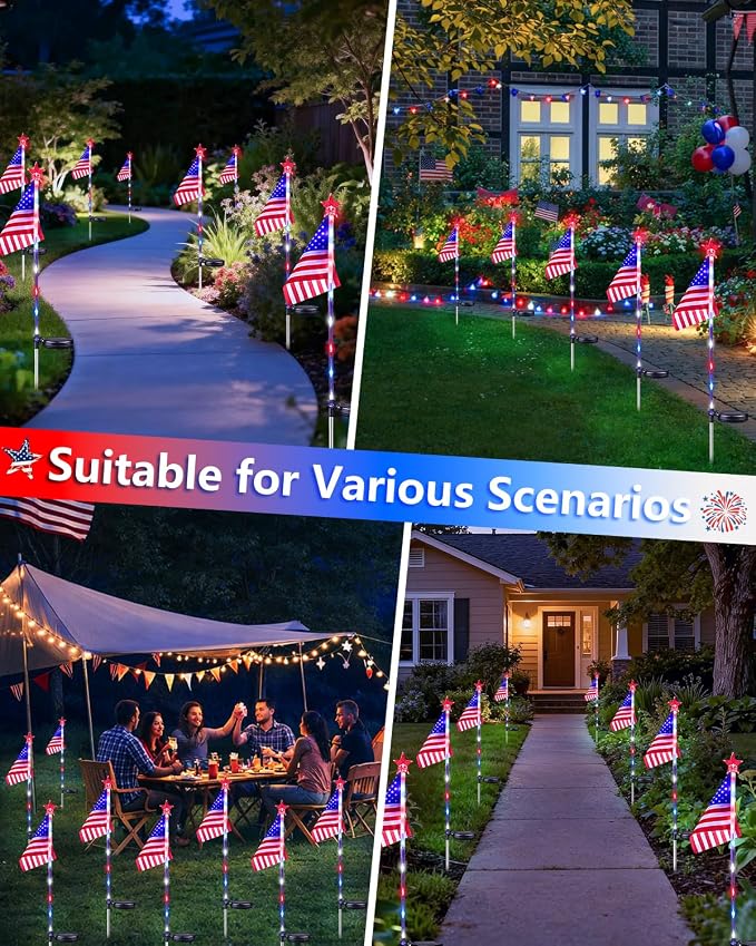 8 Pack American Flag Solar Lights Outdoor, 4th of July Decorations Lights | 2 Modes Red White and Blue Star Lights Waterproof, Solar Patriotic Outdoor for Independence Memorial Day Garden Yard Pathway