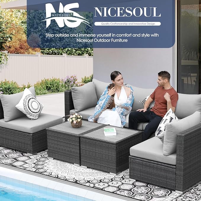 NICESOUL Modern Luxury Outdoor Side Table Set of 2, All-Weather Large Size Grey Wicker Patio End Tables, Gray Rattan Coffee Table Modular Patio Furniture Piece for Lawn, Outside, Porch, Exterior, Deck