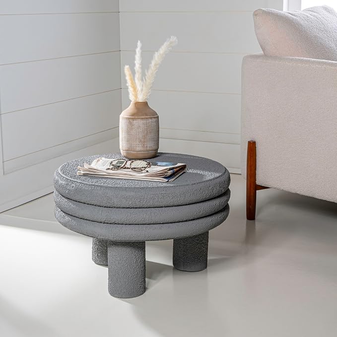 JONATHAN Y Rashida 13.5" Gray Frosted Modern Round Polyresin Indoor Outdoor Accent Coffee Table, Weather Resistant Low Table with Chunky Ribbed Stacked Ring Design and Tripod Pillar Base TBL1105C
