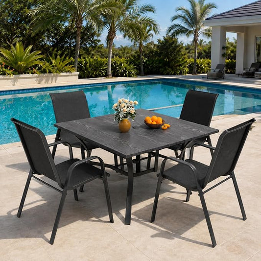 5 Piece Patio Dining Set, Stackable Outdoor Chairs Set of 4 with Textilene Fabric, 37.8" Wood-Grain Square Table with Umbrella Hole for Backyard Lawn Party (1 Table + 4 Chairs) (Black)