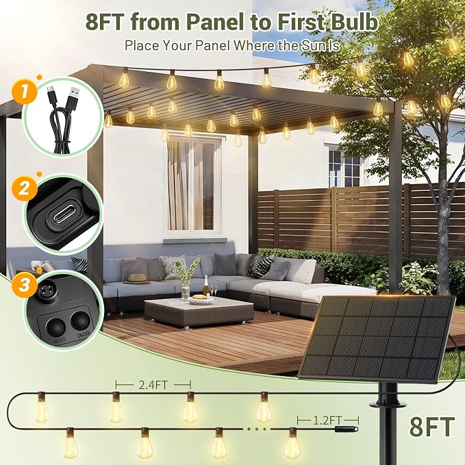 50FT Solar String Lights Outdoor, 18+1LED Shatterproof Bulbs with Remote & USB Port, Waterproof 3 Modes Dimmable Solar Lights for Backyard, Patio, Camping