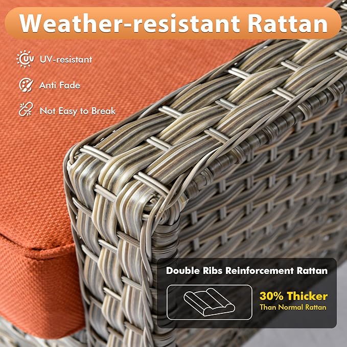 8 PCS Outdoor Patio Furniture Sets,Patio Conversation Sets Outside Rattan Soft Cushion Sofa with 2 Wicker Rocking Chairs Soft Cushion Fit Backyard Porch Garden Poolside Balcony,Orange Red