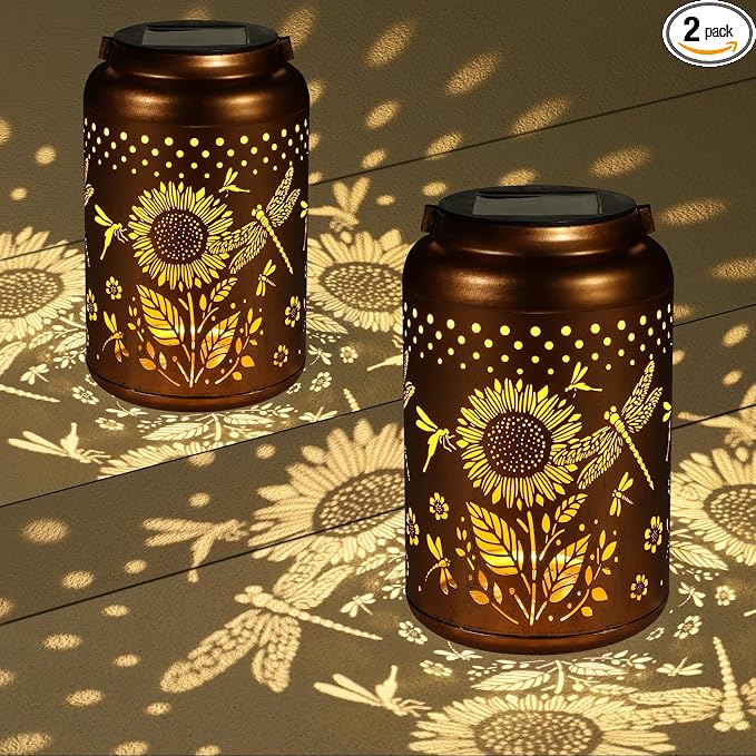 2 Pack Sunflowers Solar Lanterns Outdoor Waterproof Garden Decor | Metal Hanging Solar Lights Birthday Gifts for Grandma Mom Solar Decoration Outside for Yard, Patio, Backyard, Porch
