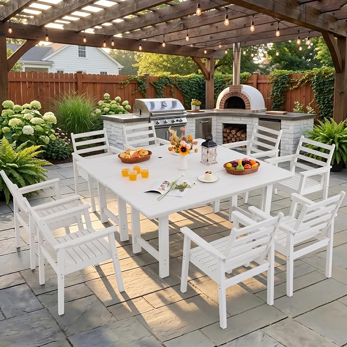 10-Piece Outdoor Dining Set, All-Weather HDPE Patio Furniture, Two 66.5" Slatted Table with 1.6" Umbrella Hole & 8 Ergonomic Armchairs, Heavy Duty 350lbs Capacity, UV Resistant, White
