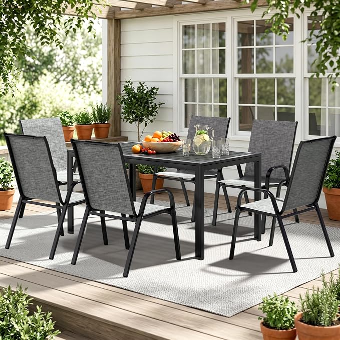 7-Piece Outdoor Dining Set, All Weather Patio Table and Chairs Set with Umbrella Hole for 6, Rectangular Steel Slat Table and 6 Textilene Chairs for Garden, Backyard, Poolside and Deck, Grey