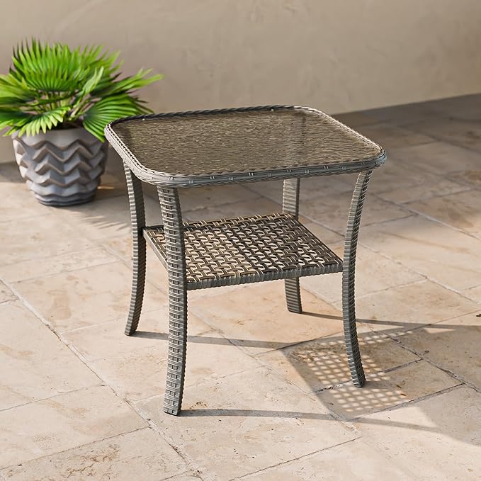 Outdoor Woven Rattan Coffee Table with Tempered Glass, Wicker Side Table for Outside Patio Porch, Stonewash Gray