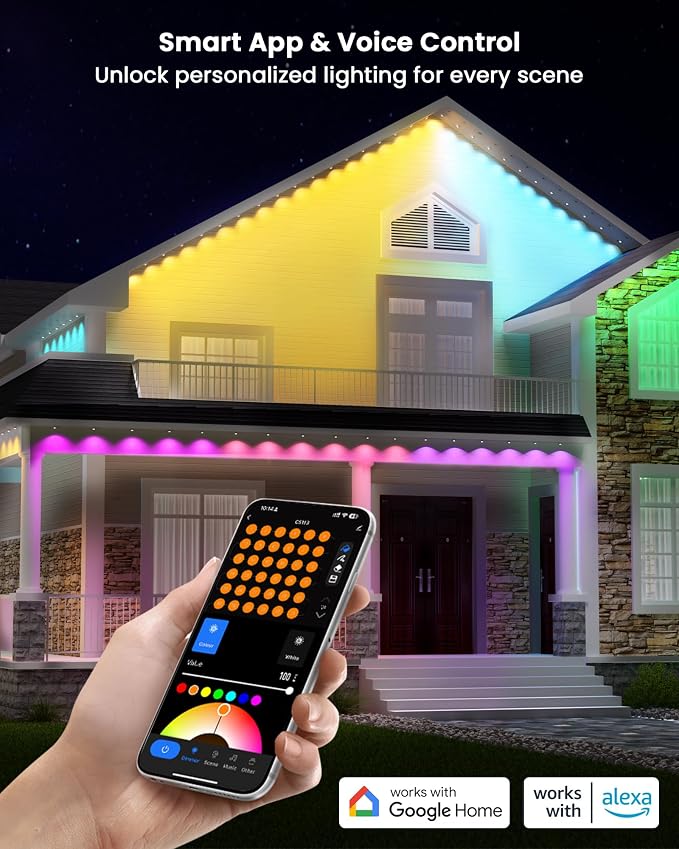 Gefolly Permanent Outdoor Lights Pro, 150ft, 90 RGBW Light, 111 Scene Modes | Double-LED for Daily, Halloween, Christmas, IP67 Waterproof for Outdoor Decor, Works with Alexa, Google Assistant, White