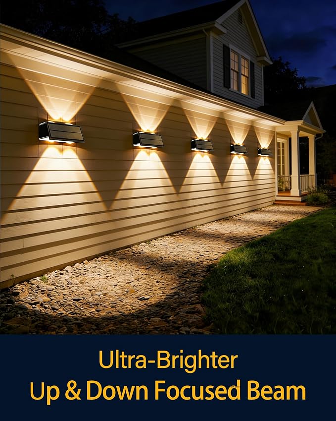 Solar Fence Lights Outdoor, 2 Pack Fence Solar Lights Waterproof | IP65 Fence Lights Solar Powered Up & Down LED Focus, 9 Color Modes, 12H Dusk to Dawn Glow for Pool/Patio/Backyard - Black