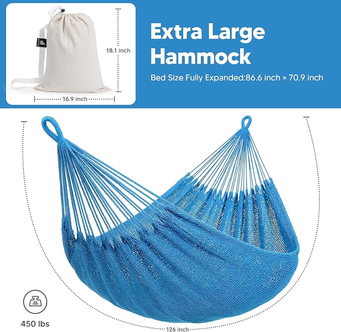 SUNCREAT Hammocks Rope Hammock, Outdoor Hanging Tree Hammock, Blue