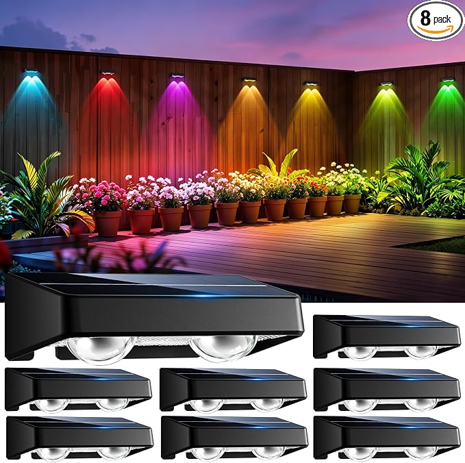 Solar Fence Lights 8 Pack 9 Colors & 11 Lighting Modes Solar Wall Lights Outdoor Waterproof IP65 RGB Color Changing Fence Lights Solar Powered for Garden Yard Patio Deck Step Patio Wall
