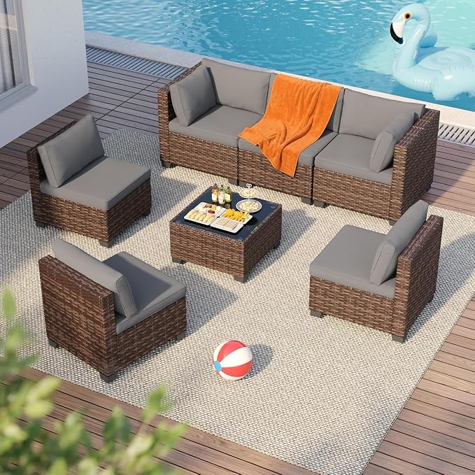 7 Pieces Wicker Patio Conversation Set Grey Outdoor Sectional Rattan Sofa Set Patio Furniture Sets with Cushions and Glass Coffee Table for Balcony Porch Garden