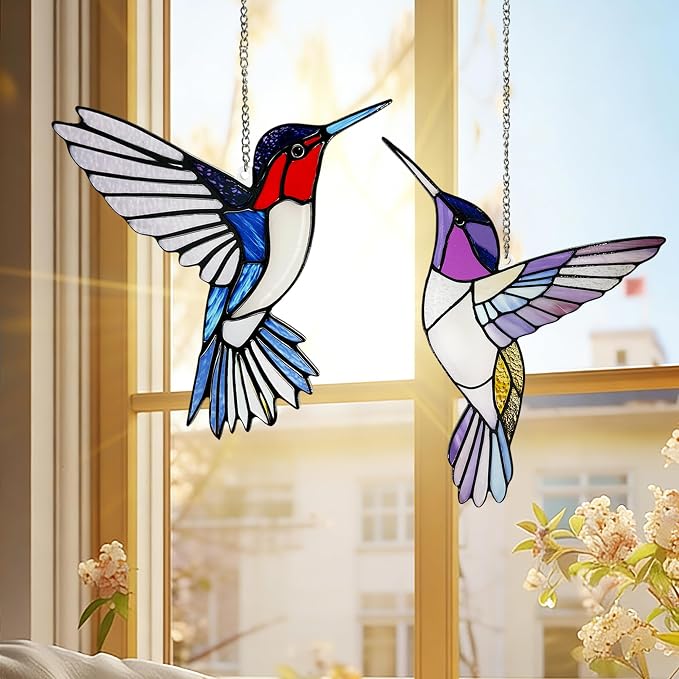 Hummingbirds Suncatcher Stained Glass, Hummingbird Suncatcher Ornament, Hummingbird Suncatcher for Grandma/Mom/Women