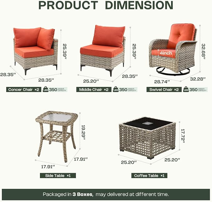 8 Pieces Patio Furniture Set, Outdoor Conversation Set with 360° Swivel Rocker Chairs, Wicker Sectional Sofa & Solar Powered Lighted Table, High Back Outdoor Furniture for Backyard Porch, Orange