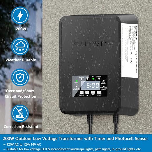 SUNVIE 200W Landscape Lighting Transformer Outdoor Low Voltage Landscape Transformer with Timer and Photocell Sensor Waterproof 120V to 12V/14VAC Low Voltage Transformer for Landscape Garden Lights | 120V to 12V/14V AC Landscape Lighting Transformer, W...