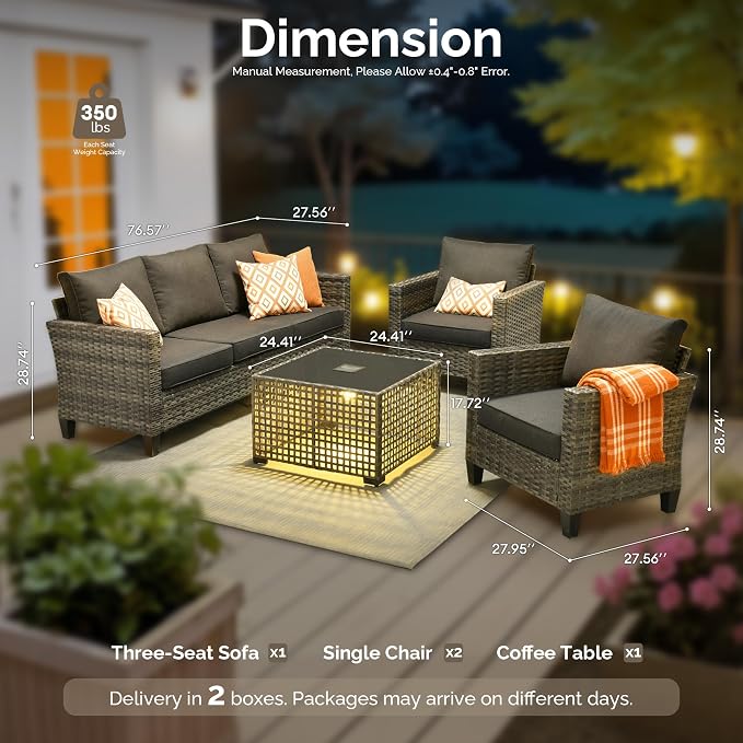 4 Piece Wicker Patio Furniture Set with Solar Table, Black | Outdoor Deep Seating Sofa Chair, Solar Lights Table, All Weather Rattan, Modern Conversation Set, Porch Deck Backyard