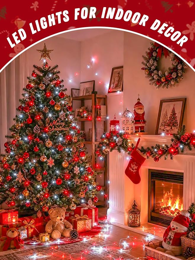 4Pack 60LED Fairy Lights Battery Operated with Timer, 20 FT Red and White | Cuttable Copper Wire, Waterproof Battery String Lights for Indoor Outdoor, Wedding, Bedroom, Home, DIY, Christmas Decorations