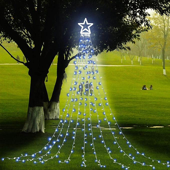 Christmas Decorations, Outdoor Christmas Lights, 320 LED Outdoor Christmas Tree String Lights with 12" Star Toppers [8 Modes& Waterproof] for Xmas New Year Holiday Decor (White)