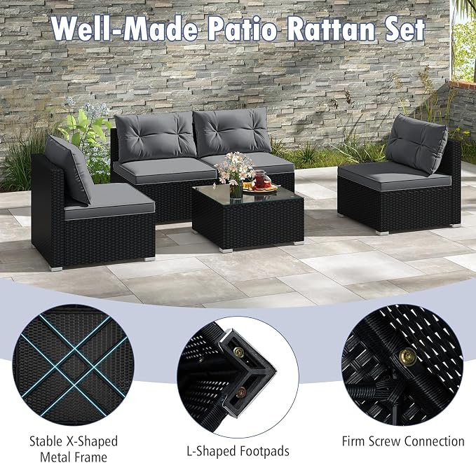 RELAX4LIFE 5-Piece Outdoor Patio Furniture Set, Rattan Sectional Sofa Set w/Glass-Top Coffee Table, Soft Seat & Back Cushions, Bistro Set for Garden Backyard Porch, Wicker Conversation Set (Grey)
