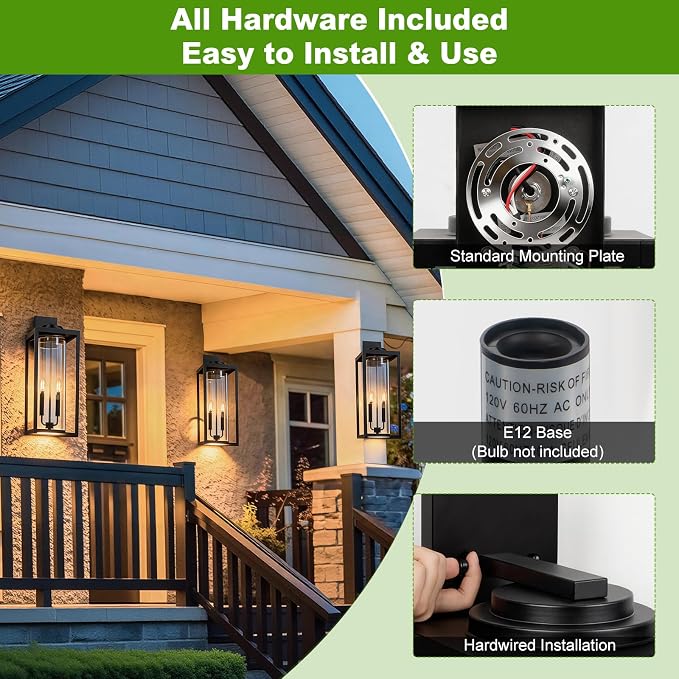 FILIYANO Large 24 Inch Outdoor Wall Light Fixtures, Black, 2-Pack | IP65 Waterproof, Anti Rust, Hardwired, Tempered Glass, E12, 2-light, Modern, Exterior, Porch, Garage and Front Door Lantern