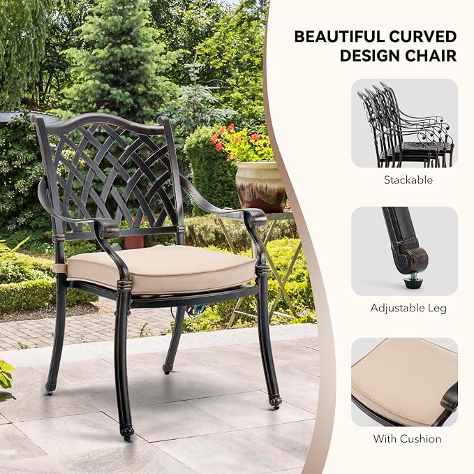 7 Piece Outdoor Dining Set Cast Aluminum Furniture Set, Retro Patio Dining Set for 6 includes 59” Table & 4 Stackable Chairs & 2 Swivel Chairs with Cushions and 2" Umbrella Hole for Patio Deck Garden