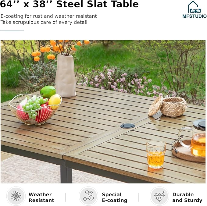 MFSTUDIO 7-Piece Patio Dining Set, Swivel Metal Chairs, Umbrella Hole | 64" Rectangular Wood-Look Metal Table, Removable Cushions