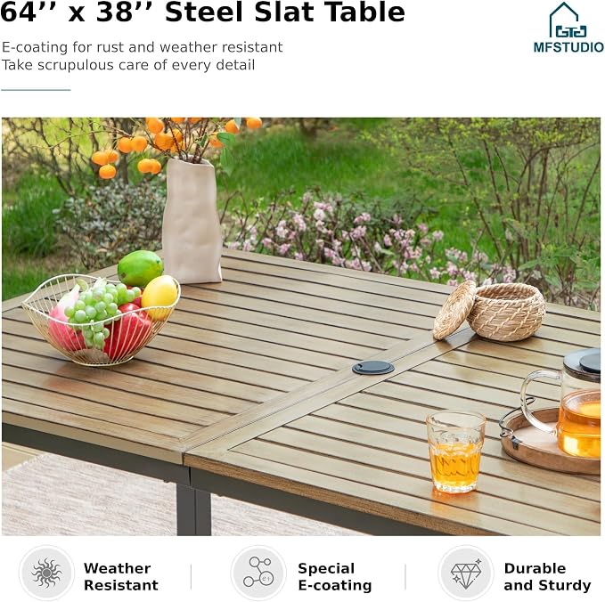 MFSTUDIO 7 PCS, Patio Dining Set, 64"×38", Umbrella Hole | Steel, Wood, Weather resistant, Removable cushions