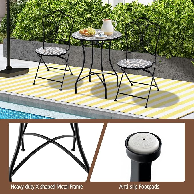 Giantex 24 Inch Patio Bistro Table, Mosaic Round Table w/Ceramic Tile Tabletop, Heavy-Duty Metal Structure, Outdoor Dining Table for Backyard, Garden, Porch (Black (Star Pattern))