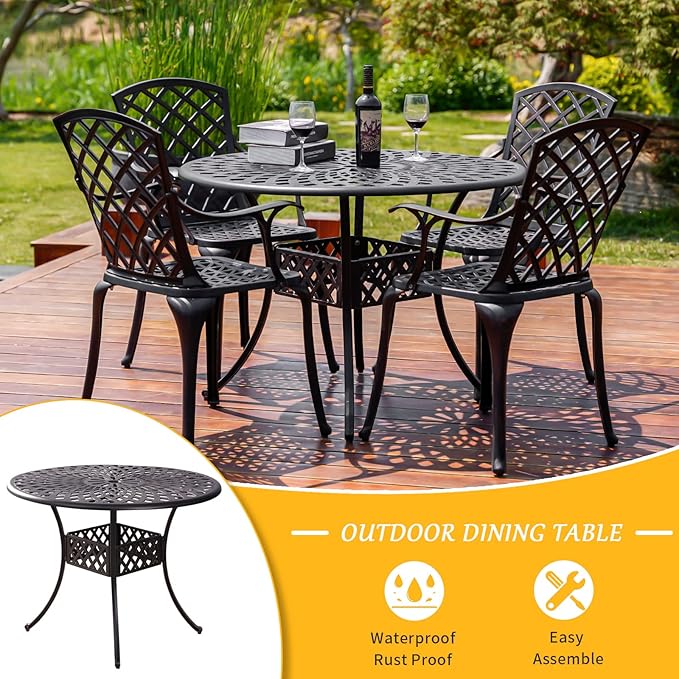 Outdoor Round Cast Aluminum Patio Dining Table with Umbrella Hole, 42" Outdoor Table Metal Frame for Backyard Lawn Balcony Deck, Bronze (42" Round Table)