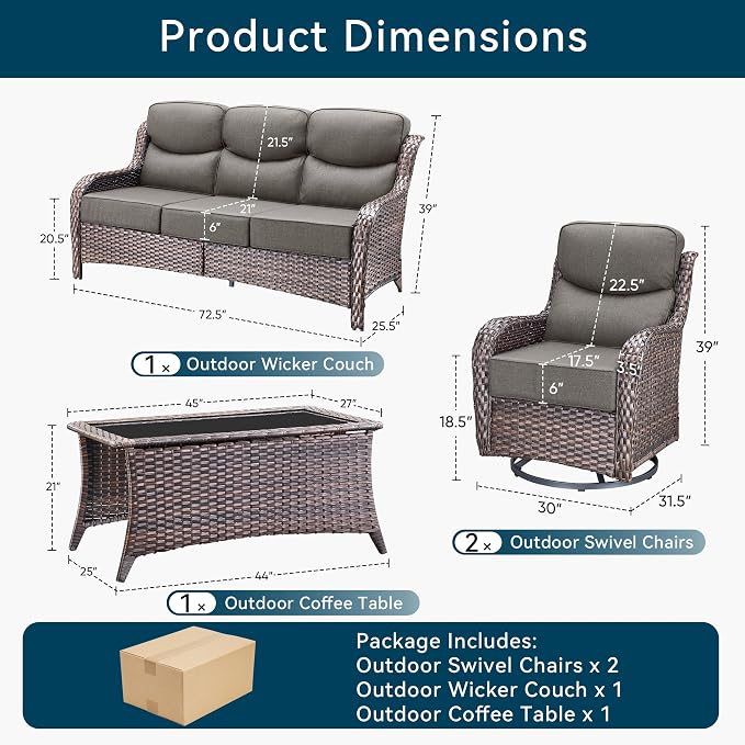 Luxury 4 Pieces Patio Furniture Set-Outdoor Swivel Rocker Patio Chairs with 6" Extra Thick Cushions, High Back Outdoor Couch and Coffee Table, Wicker Conversation Sets for Porch Deck(Brown/Grey)