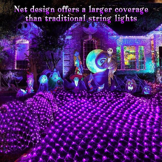 BlcTec Halloween Net Lights, 200 LED 8.4ft x 5.2ft Purple Halloween Lights with 8 Modes, Timer, Connectable, Waterproof and Green Wire Design for Trees, Bushes Outdoor Decorations
