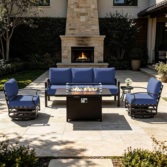 Kurapika Aluminum Patio Furniture Set 5-Seat Modern Metal Outdoor Conversation Sets w/45in Propane Fire Pit Table, Swivel Rocking Chairs Patio Sectional Sofa w/5.1in Cushion, Navy Blue