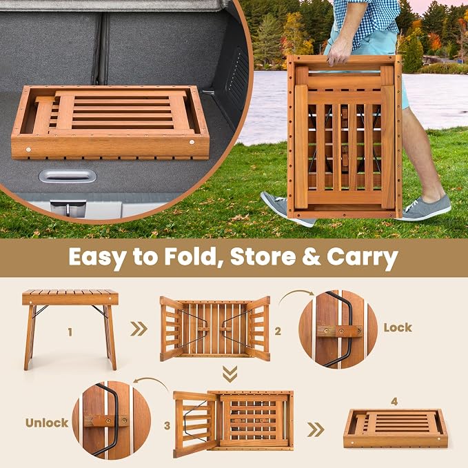 HAPPYGRILL Outdoor Folding Side Table, Foldable Patio Acacia Wood End Table with Slatted Tabletop & Leg Frame, Small Outside Table for Backyard Poolside Porch (Teak Finish)