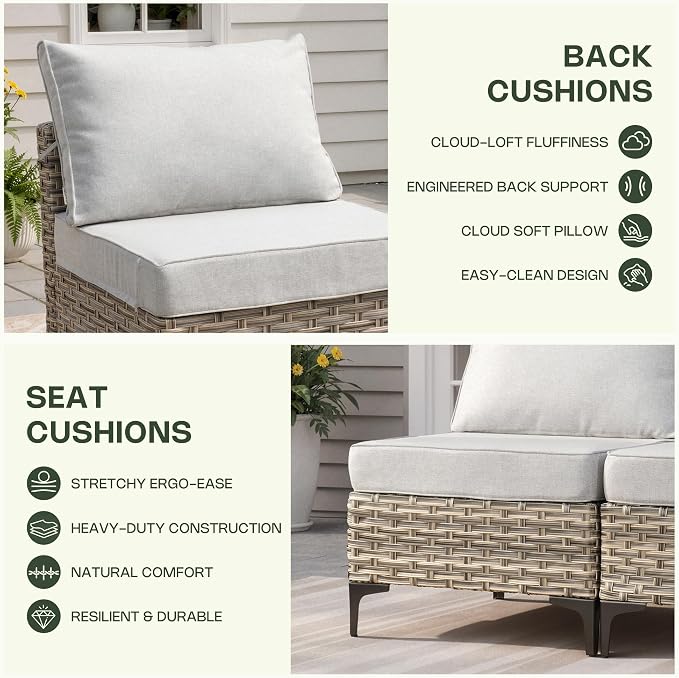 8 Pieces Patio Furniture Set, Outdoor Conversation Set with 360° Swivel Rocker Chairs, Wicker Sectional Sofa & Solar Powered Lighted Table, High Back Outdoor Furniture for Backyard Porch, Light Gray