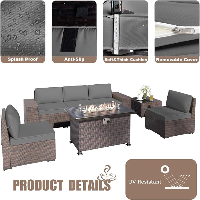 Kurapika 7 Pieces Patio Furniture Set, Rattan Wicker Outdoor Conversation Sets w/43in Propane Fire Pit Table and 4 Inch Cushion(Grey)
