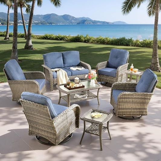 8-Piece Outdoor Patio Furniture Set with Swivel Chairs, Outdoor Conversation Wicker Sofa with Coffee Table, Rattan Couch for Deck Yard Poolside, Blue