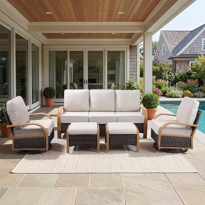 Belord 5 Piece Outdoor Patio Furniture Set with 6-Inch Thick Cushions, Outdoor Swivel Rocker Chairs with Patio Couch and Ottomans, 3 Seater Wicker Sofa for Deck Proch Balcony Yard, Wood & Beige