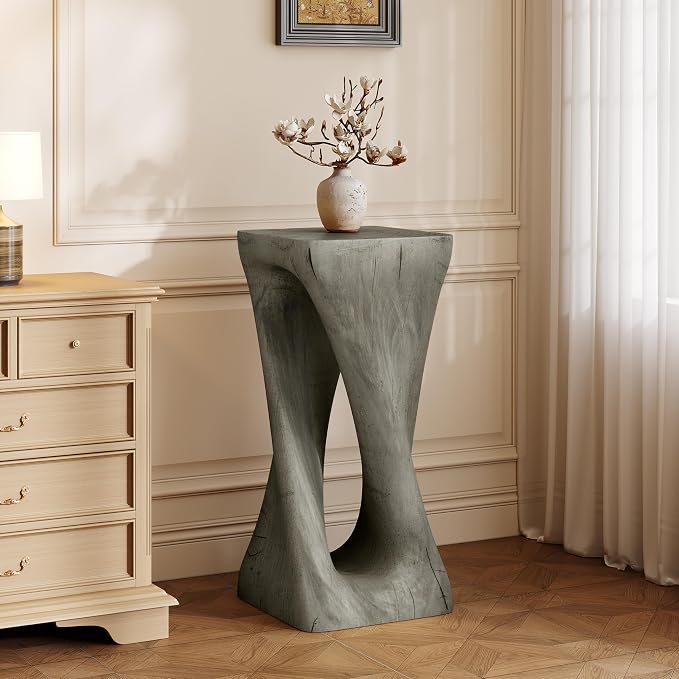 Christopher Knight Home Novi 26.8" H Lightweight Concrete Outdoor Side Table, Hollow Twist-Shaped Patio End Table, MGO Outdoor Coffee Table, Garden Plant Stand Indoor, Wood-Like Texture, Gray