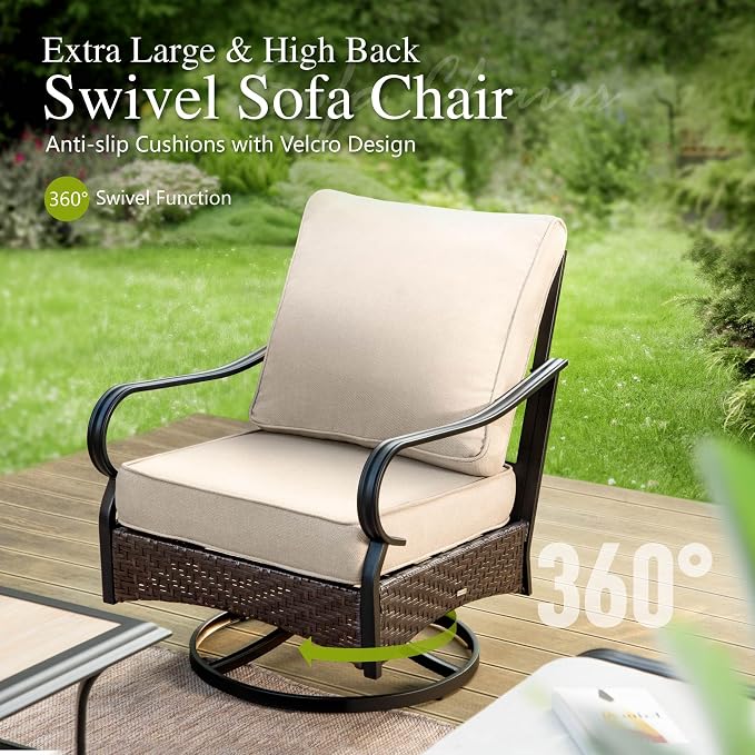 Sophia & William Patio Furniture Set with Fire Pit Table, 4 PCS Metal Outdoor Conversation Set with Fire Pit Table, 2 Swivel Chairs,3-Seater Couch for Outdoor Seating, Backyard, Porch(Beige)
