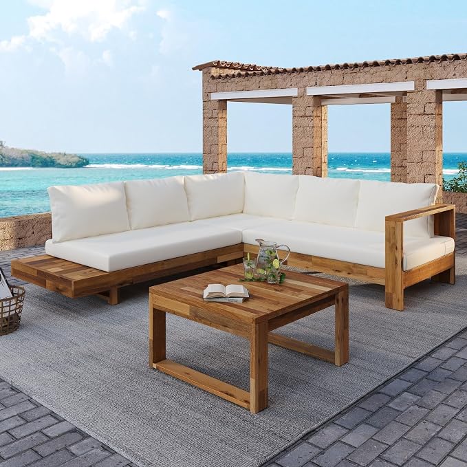 Patio Furniture Set of 4, Outdoor Sectional Furniture with Coffee Table, All-Weather Patio Conversation Set for Backyard, Garden and Poolside (Series C)