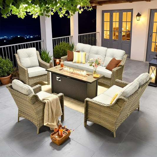 Outdoor Patio Furniture Sets, 5 PCS Patio Conversation Set Outside Rattan Sofa with 54 in Fire Pit Table Comfy Cushions Fit Backyard Porch Garden Poolside Balcony,Light Grey