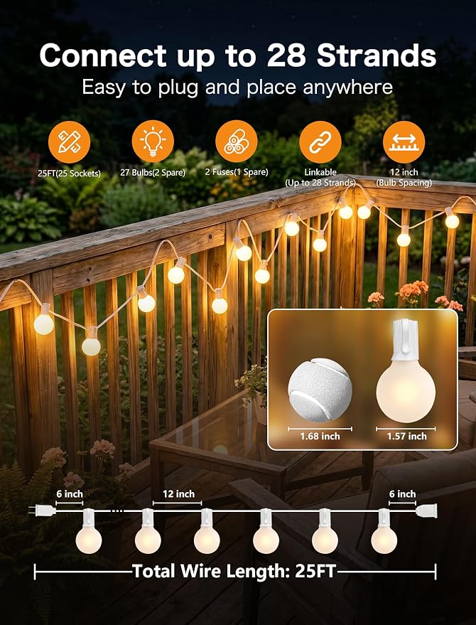 SUNSGNE 25FT G40 LED Outdoor White String Lights with 27 White Solid Shatterproof Globe Bulbs (2 Spare), Outdoor Hanging Edison Lights for Room Café Bistro Pergola Tents, White Wire