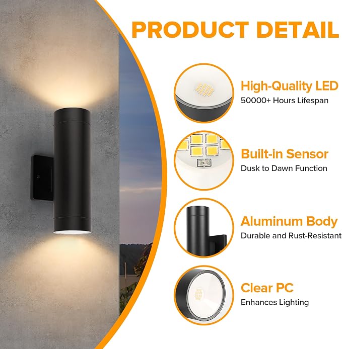 LUTEC Dusk to Dawn Outdoor Wall Lights, 16W Integrated LED Cylinder Up-Down Sconce, 3000K Waterproof Aluminum Exterior Lighting, Matte Black Modern Porch and Entryway Wall Light Fixture, 4 Pack