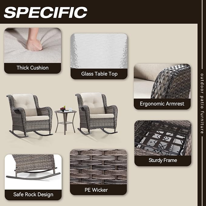 Outdoor Wicker Patio Rocking Chair - All-Weather Lawn Rocking Wicker Furniture with Alloy Steel Frame & Premium Fabric Cushion, Beige