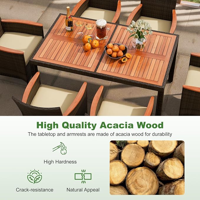 DORTALA Patio Dining Furniture Set for 6, 7 Piece PE Rattan & Acacia Wood Outdoor Table and Chairs with Umbrella Hole, Cushions for Backyard Poolside, 400 Lbs Capacity, Mix Brown