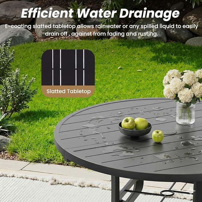 HRVEOCEI 47" Outdoor Round Table with Umbrella Hole, Metal Patio Dining Tables for Lawn Garden, Wood-Like Grain Bistro Table Outdoor for Backyard,Poolside,Deck,Por (Black, Round)