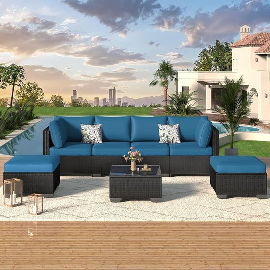 7 Piece Outdoor Patio Furniture Set with Cushions, PE Rattan Wicker Sectional Furniture Chair Set with Tea Table, Modular Patio Sofa for Garden, Backyard, Balcony Outdoor Lounge Area(Blue2)