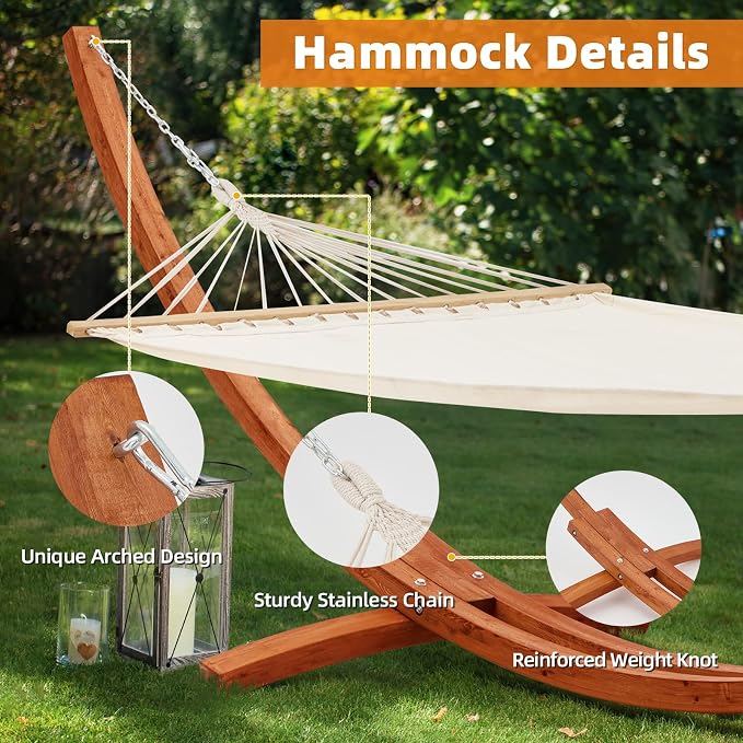 ECOTOUGE 12 FT Wooden Hammock with Stand, Outdoor Hammock with Wood Stand for Single Person Heavy Duty Hammock and Stand for Outside Backyard, Balcony, Porch, Patio, Garden, 330 lbs Capacity, White