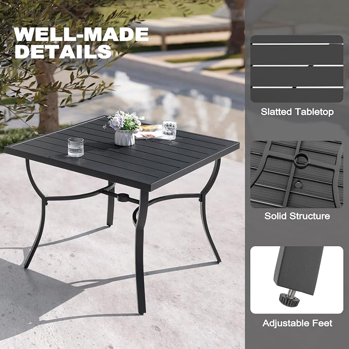 NUU GARDEN Outdoor Dining Table 36" Square Patio Dining Table with Aluminum Tabletop and 1.60" Umbrella Hole, Large Garden Patio Table for 4 People, Black
